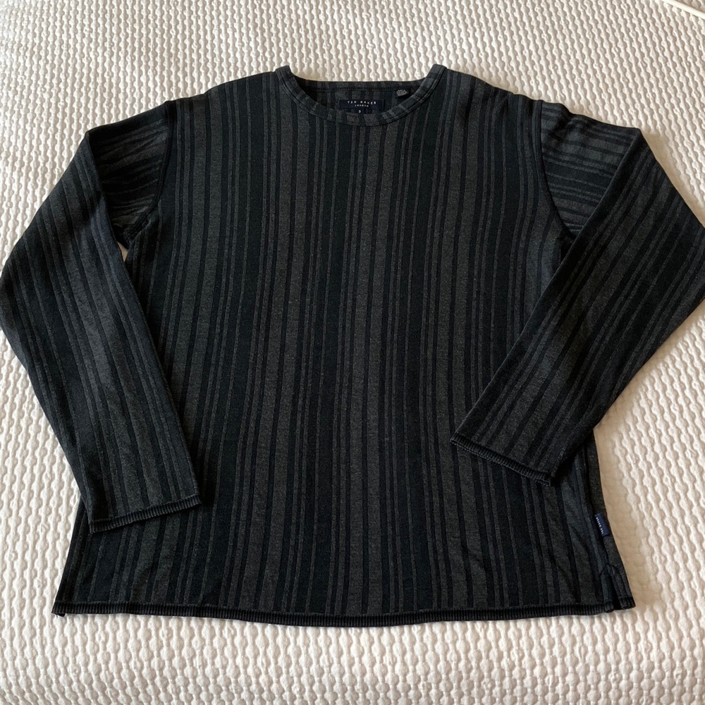 Ted Baker men’s striped cotton blend long sleeve crew neck shirt, black, grey, 3